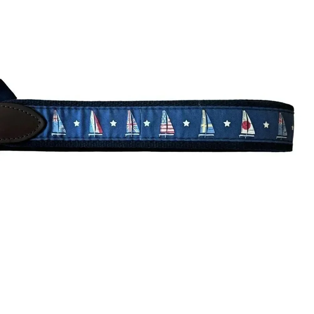 Vineyard Vines America’s Cup Navy Sailboats Canvas Club Belt Brown Leather SZ 44